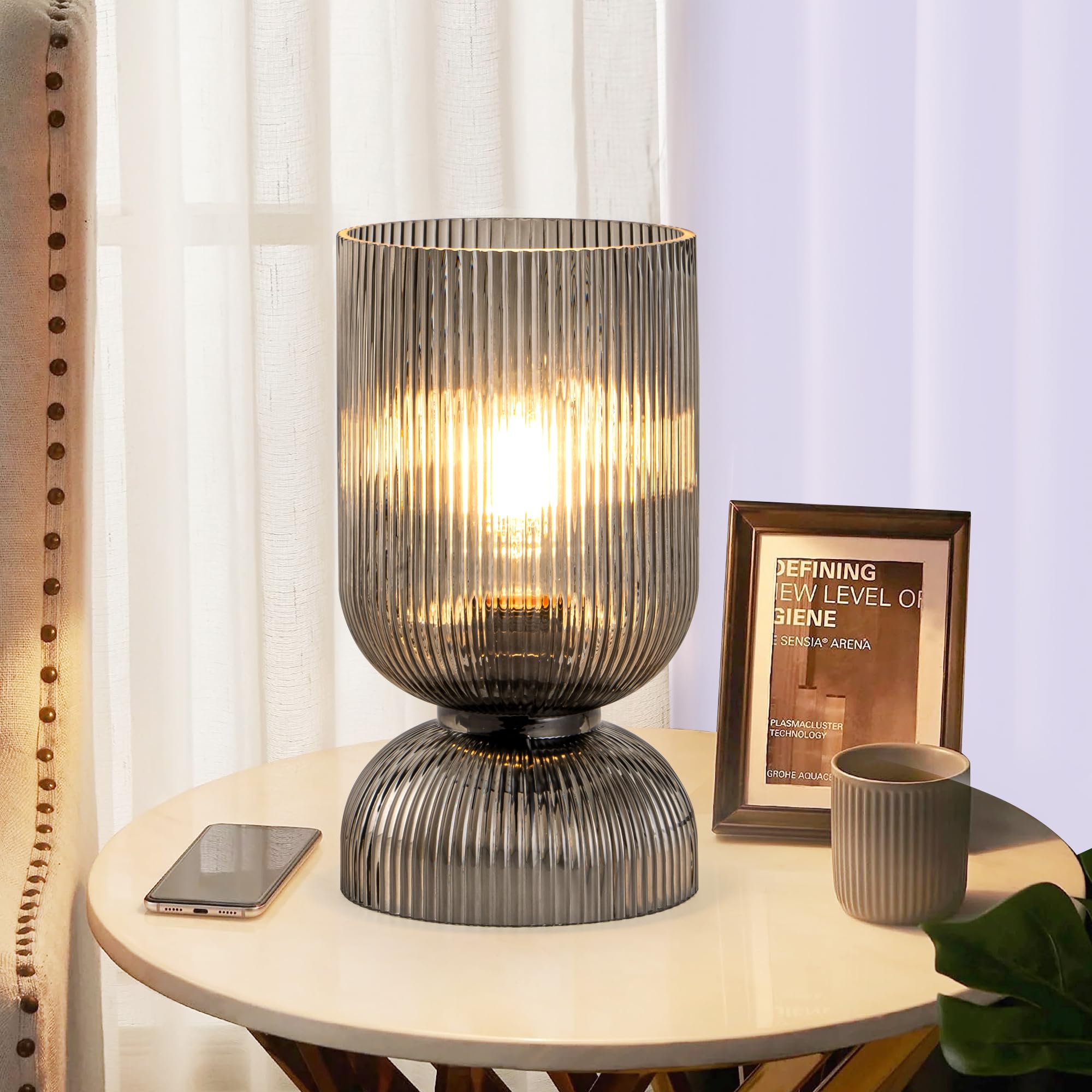 Gmrhndy Modern Table Lamp,Glass Mid Century Lamp with Smoky Gray